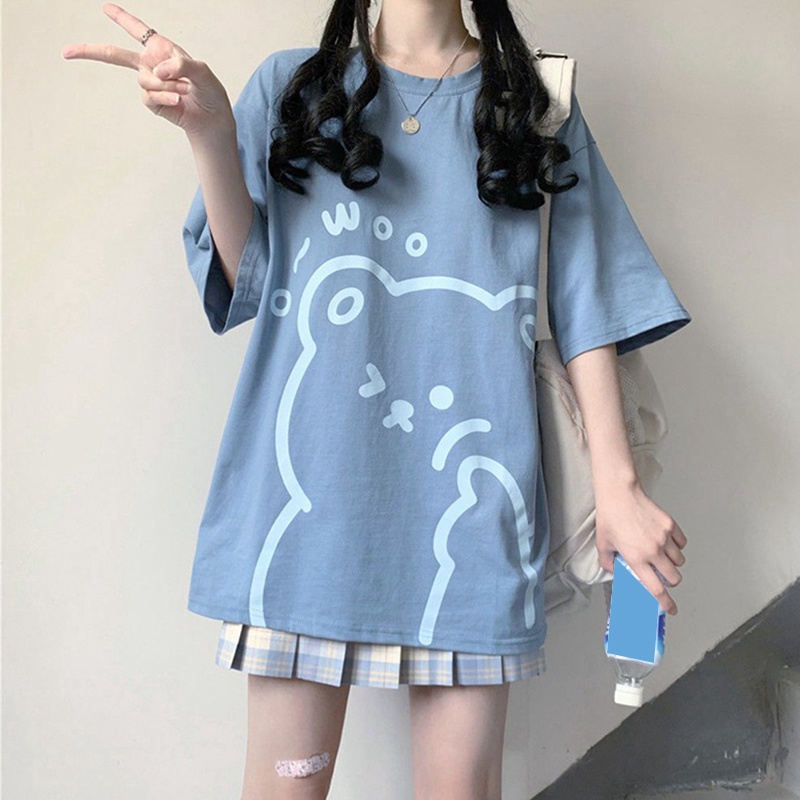 Áo Thun Tay Ngắn Cổ Tròn In Hình Gấu Hoạt Hình Phong Cách Harajuku Dành Cho Nữ