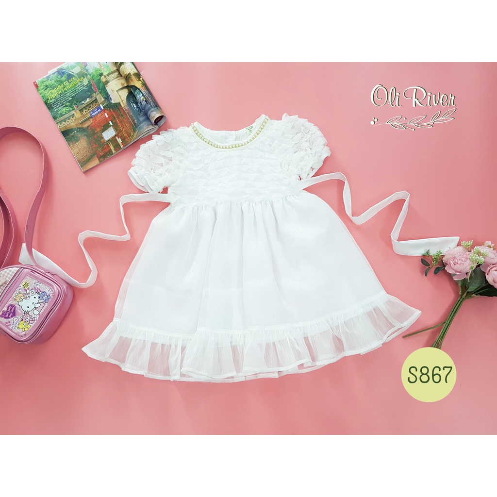 Váy bé gái Oli River màu trắng chất vải mềm nhẹ size từ 2-8 tuổi