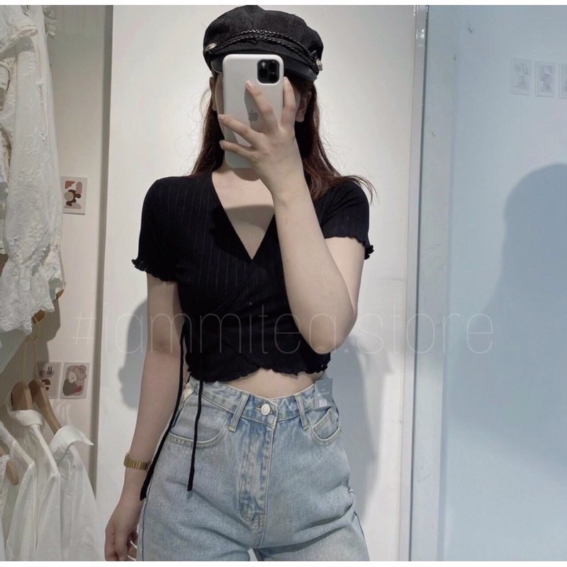 áo kiểu đắp chéo cột dây viền xoắn thun gân dáng crop top xinh xinh