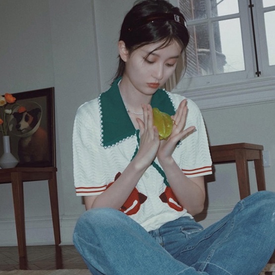 Áo thun ZHELIHANGFEI polo dệt kim thêu họa tiết ác quỷ / cherry phối màu sắc ngọc trai xinh xắn