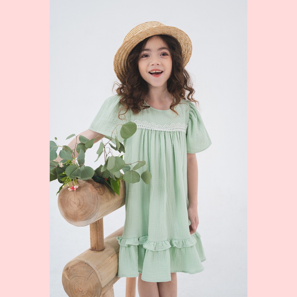 Đầm BG mulsin trơn phối ren - Lovekids