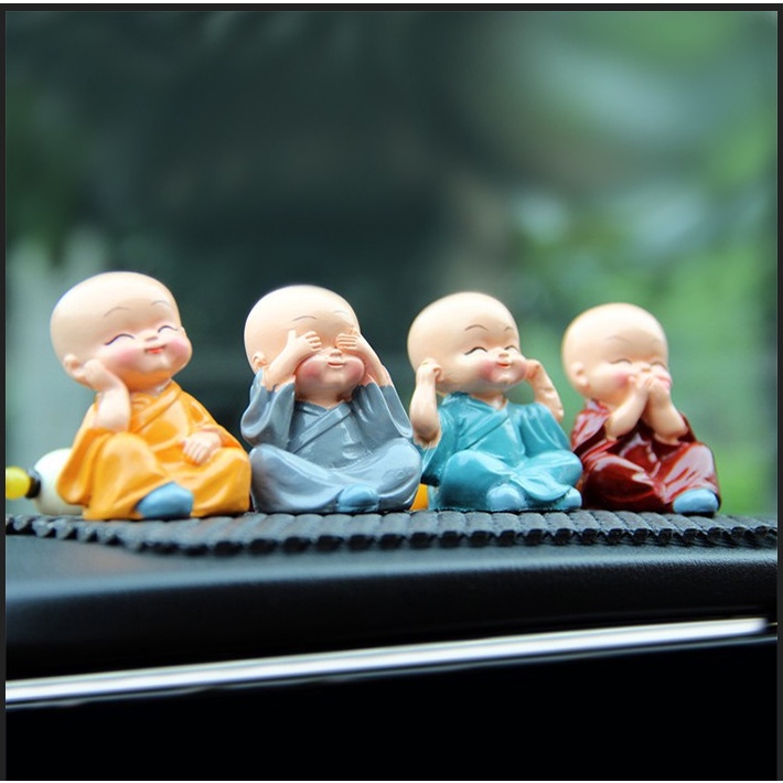 Bộ Tượng Chú Tiểu Hòa Thượng Tứ Không - Phật Phong Thủy Mini 4 Tư Thế, Trang Trí Xe Hơi, Để Bàn làm việc