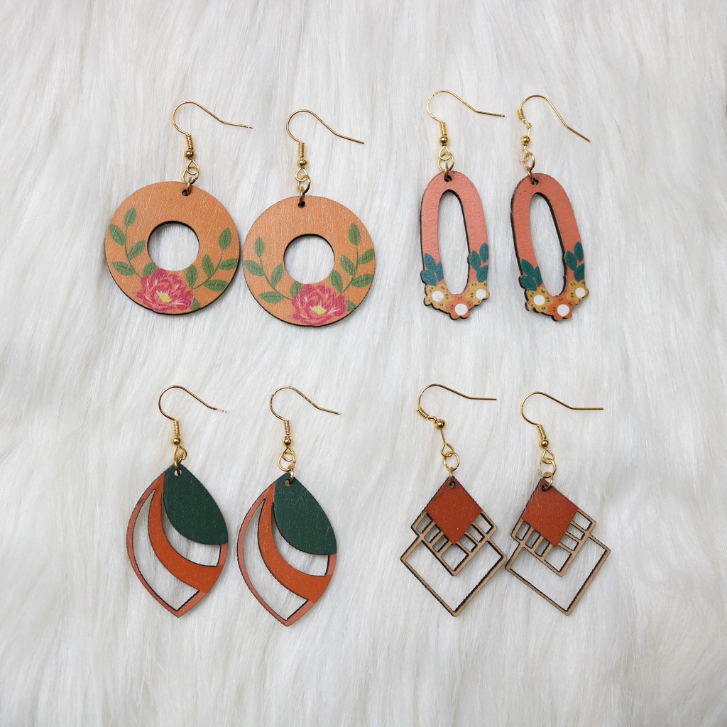 Khuyên Tai Gỗ Họa Tiết Boho Vintage