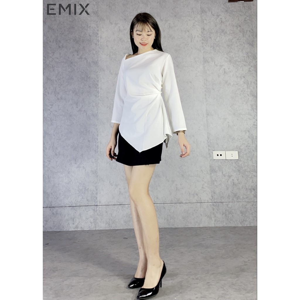 Áo lệch vai vạt chéo EMIX (màu trắng), dài tay, vạt lệch cá tính, chất thun dẻo mềm mịn, ôm eo tôn dáng a69