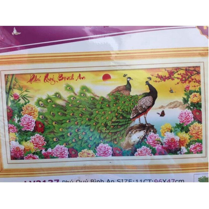 Tranh thêu chữ thập  Công xanh Phú Quý Bình An 3D LV3137 , 88984 , E180YN 100x55cm, DF315