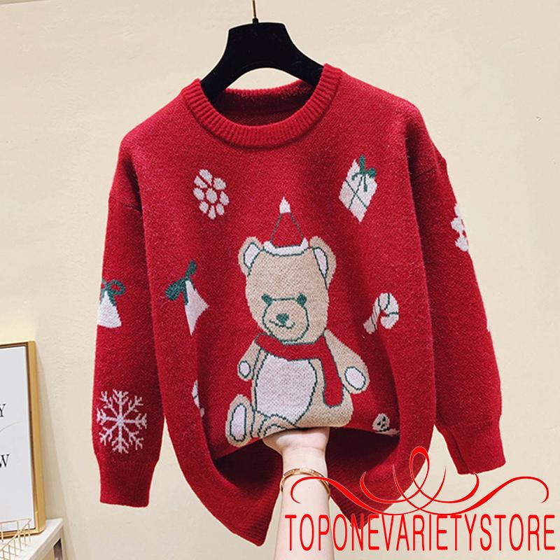 Áo nỉ tay dài cổ tròn in hình gấu hoạt hình phong cách Giáng Sinh cho nữ<br />