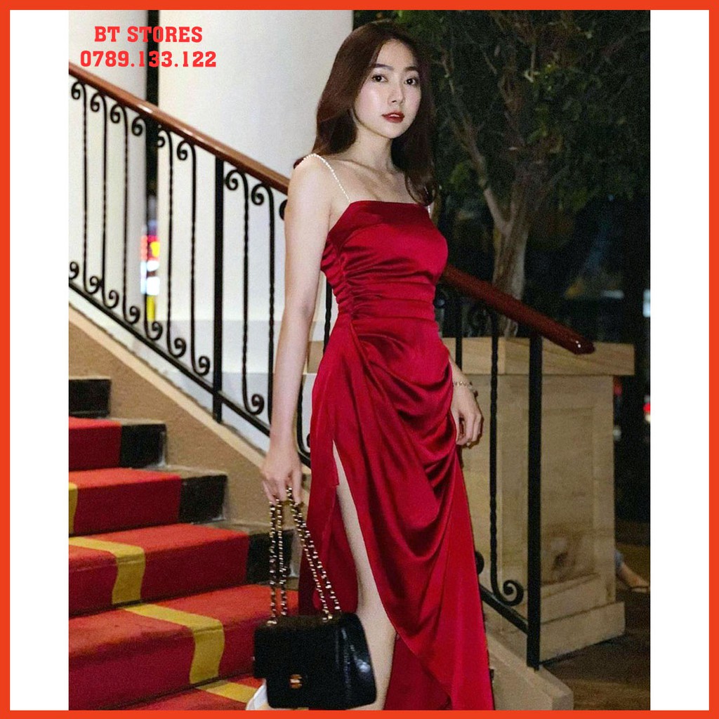 Đầm dự tiệc sang trọng thiết kế xẻ tà, nhún eo, chất vải Satin lụa Pansy (BT038)