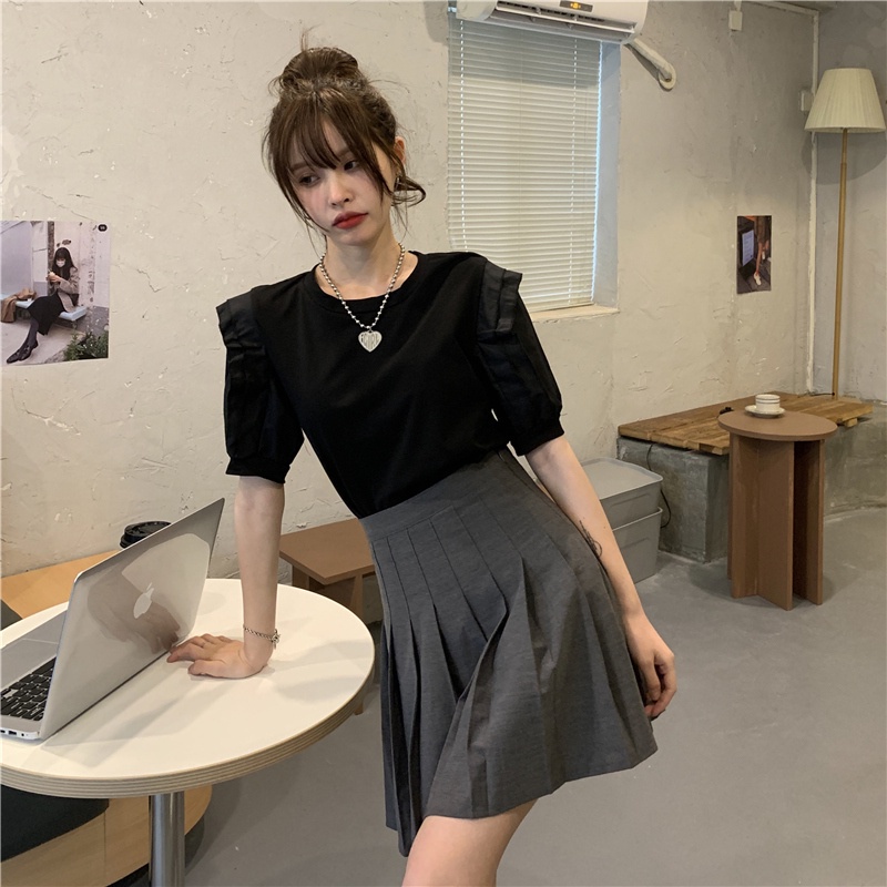 Áo Thun Tay Ngắn Cổ Tròn Phối Bèo Nhún Đơn Giản Phong Cách Hàn Quốc