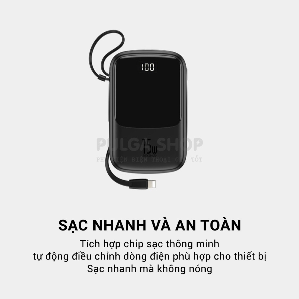 Pin Sạc Dự Phòng 10000mAh Baseus Tích Hợp Cáp Sạc iPhone Hỗ Trợ Sạc Nhanh 3A - Thiết Kế Nhỏ Gọn - Chính Hãng