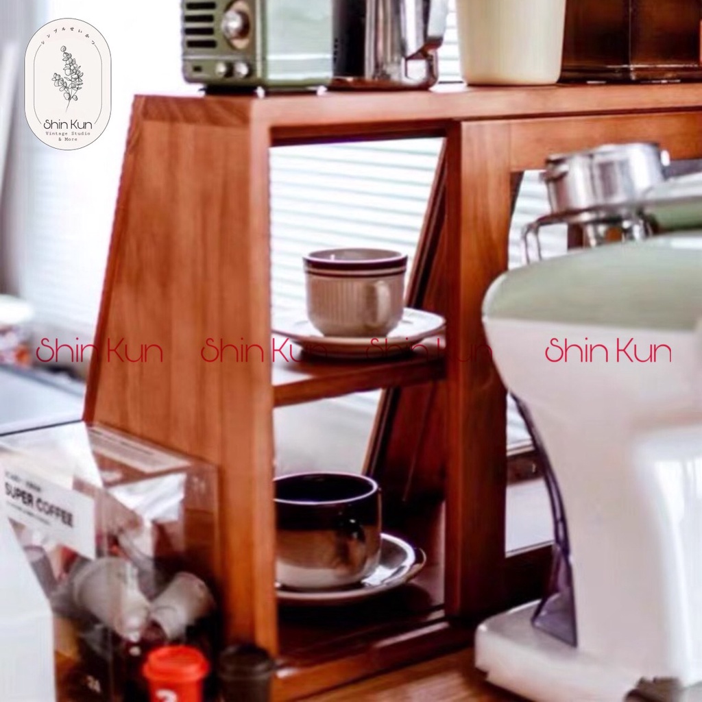 Tủ Gỗ Để Bàn Kính 2 Mặt Đựng Bánh Cà Phê Chén Bát Ly Cốc Phong Cách Retro SS12