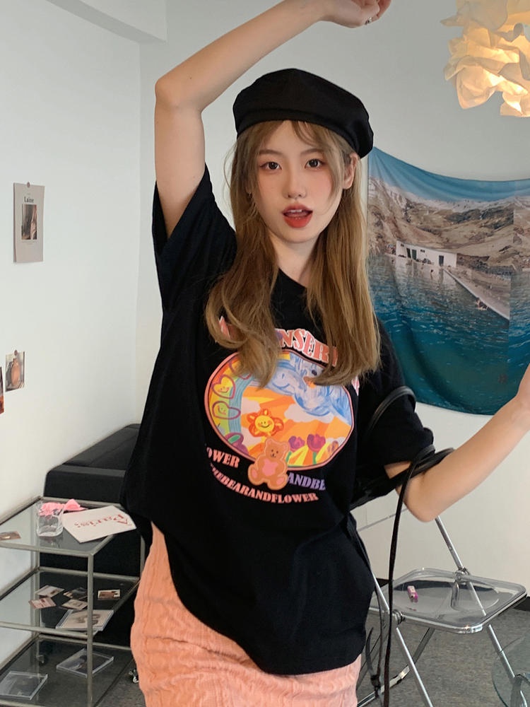 Áo Thun Dáng Rộng Ngắn Tay Cổ Tròn In Hình Gấu Và Chữ 50254 Hợp Mùa Hè