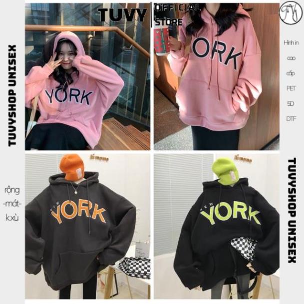 Áo Hoodie Nữ TUVY Áo Hoodie Vải Nỉ Lót Bông Dày Dặn Thêu York Unisex Form Rộng