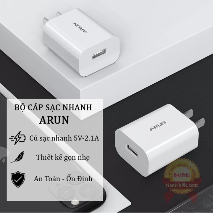 Bộ Củ sạc nhanh Arun kèm Dây cổng MicroUSb TypeC chân dẹt và ios điện thoại Iphone android