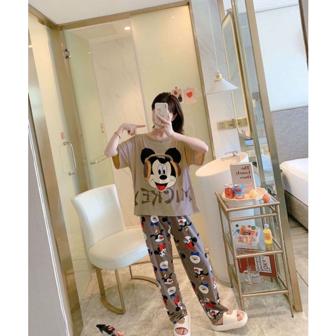 [SẴN] Đồ Bộ Ngủ Thun Quần Dài, Đồ Mặc Nhà Hàng Quảng Châu, Pijama Hoạt Hình Micky nâu Dễ Thương