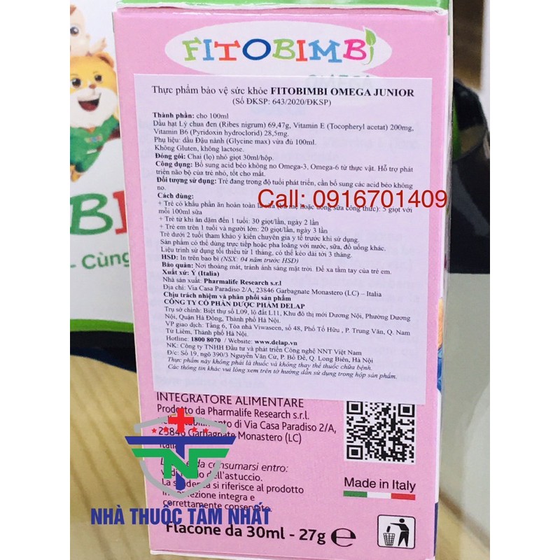 Fitobimbi Omega Junior Phát triển trí não, phát triển thị giác, tăng cường miễn dịch cho bé, Nhà thuốc tâm nhất