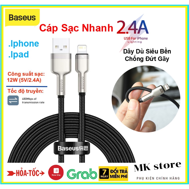 Cáp sạc nhanh 2.4A Iphone / Ipad Đây Dù Đầu Kim Loại Siêu Bền cho Iphone X / 11 / 12 / Ipad - Baseus CALJK