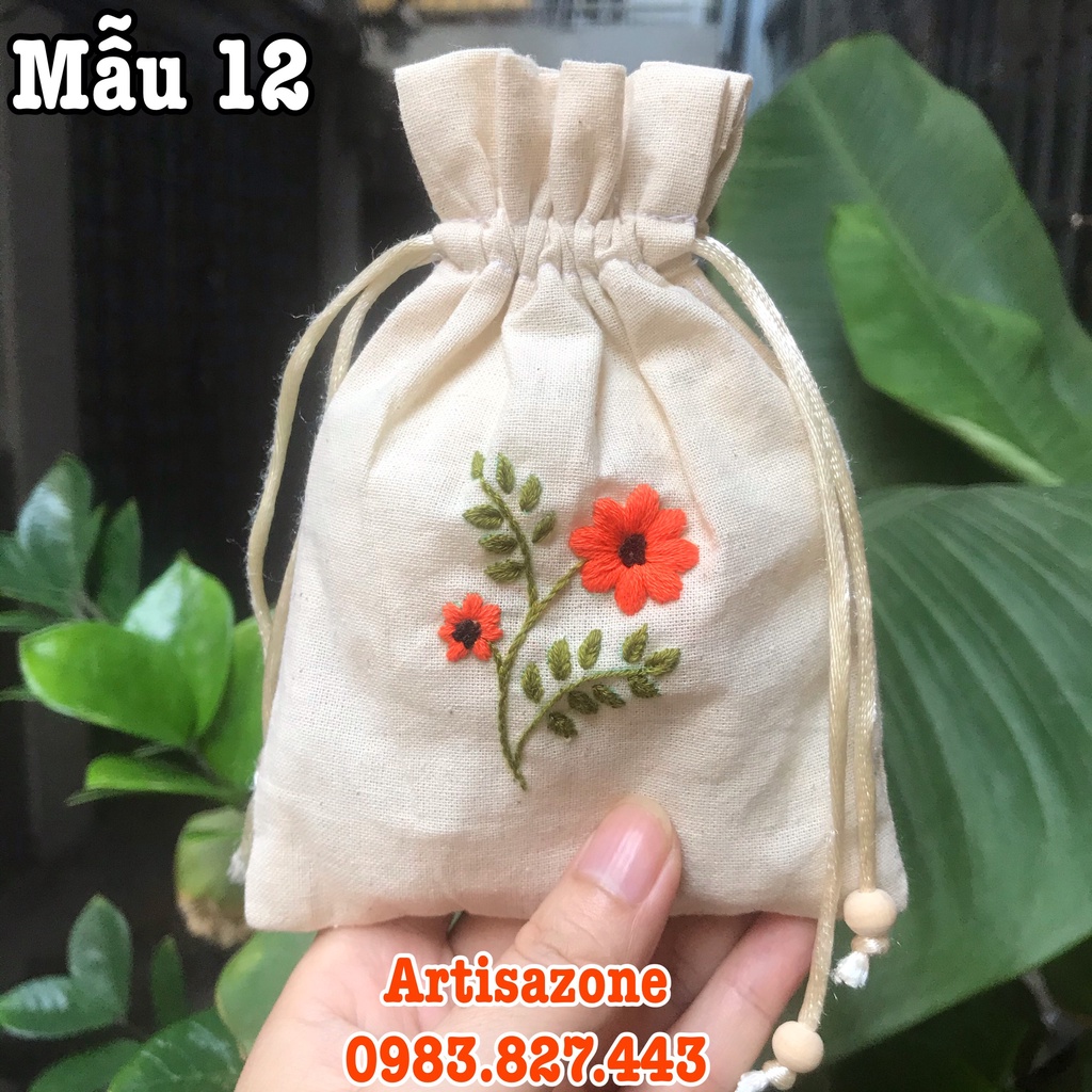 Túi vải dây rút thêu hoa mini, kích thước: 10cm x 15cm (Vải thô mộc) - 01 chiếc - (Đọc kỹ mô tả sản phẩm)