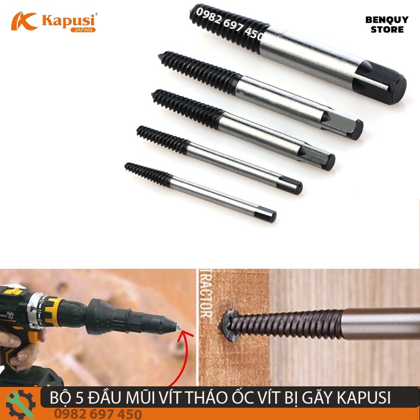 BỘ MŨI REN LẤY BU LÔNG ỐC VÍT GÃY 5 CHI TIẾT KAPUSI - VẶN ỐC VÍT HỎNG, THÁO VÍT GÃY CHUYÊN NGHIỆP. CÔNG NGHỆ NHẬT