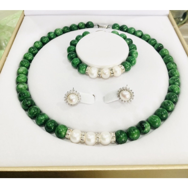 Bộ trang sức đá xanh mix hạt ngọc trai nhân tạo 9ly
