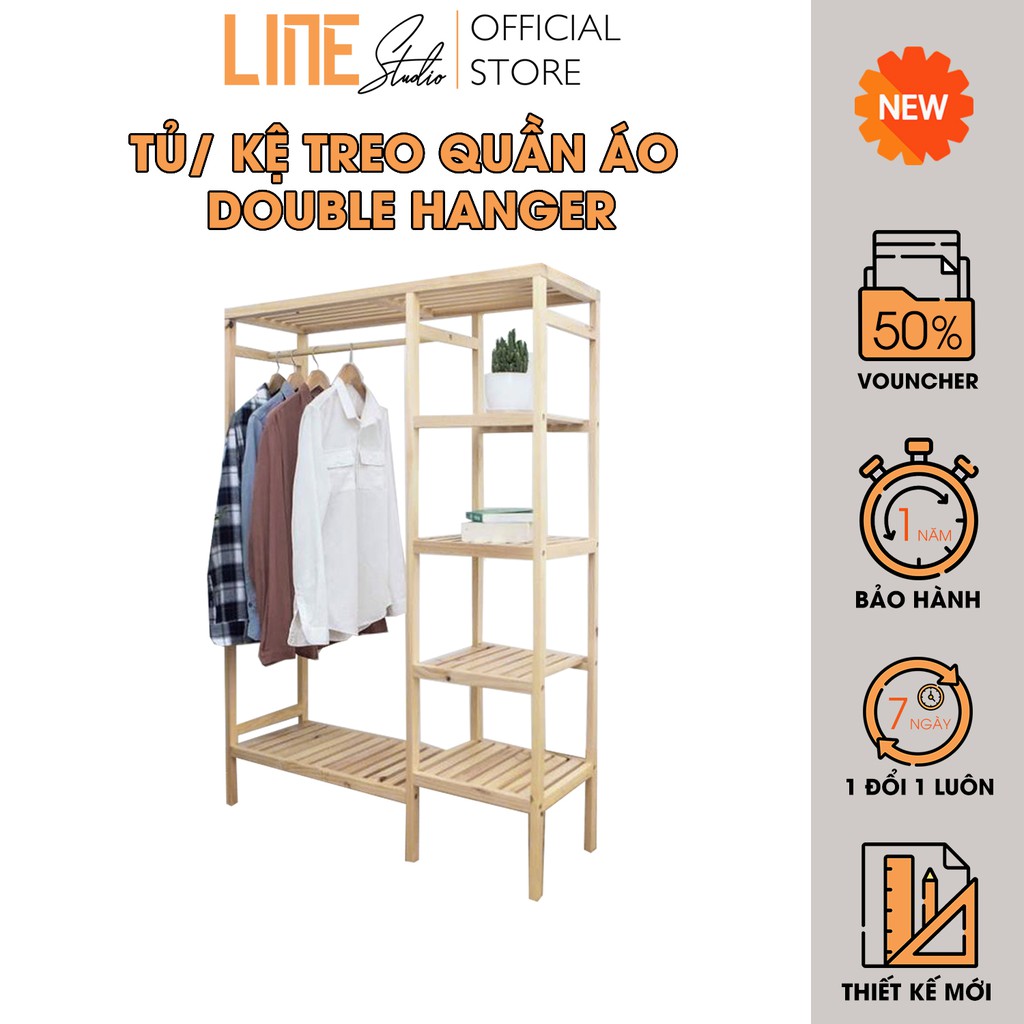 Tủ Kệ Treo Quần Áo Double Hanger 1 ngăn Tủ Kệ Treo Quần Áo Gỗ Thông có Kệ Line Studio Nội Thất Phòng Ngủ Lắp Ráp Giá Rẻ