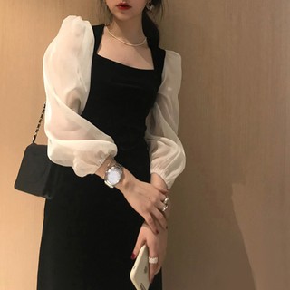 Đầm nhung cổ vuông tay voan