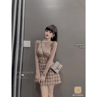 Set áo tay dài phối đầm yếm kẻ caro 2 dây thắt nơ vai!