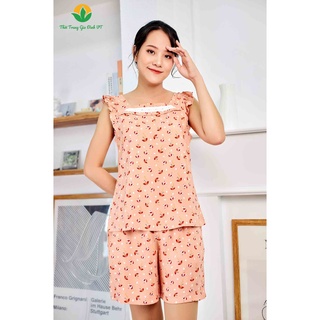  Bộ lanh Việt Thắng nữ quần đùi áo sát nách phối ren ngực - B02.2205