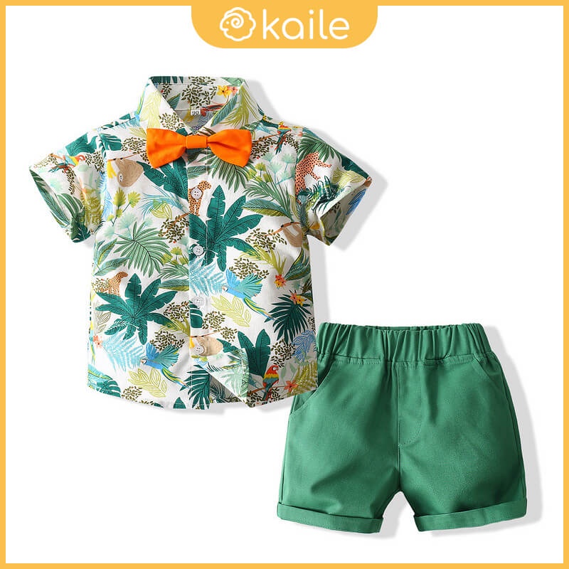 Trang Phục Hóa Trang Dành Cho Bé Trai 1-6 Tuổi⚡️Bộ Áo Sơ Mi Họa Tiết Lá Cây + Quần Short Cột Nơ Thời Trang Đi Biển Mùa Hè⚡️Bộ Đồ Kaile Thiết Kế Dễ Thương Cho Bé