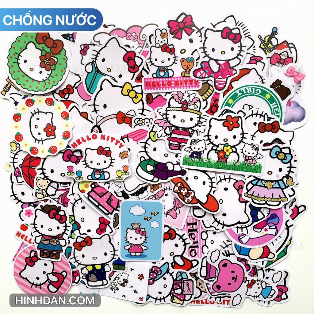 Sticker HELLO KITTY  chống nước dán nón bảo hiểm, tủ, đàn guitar, laptop, máy tính, xe, vali, tường