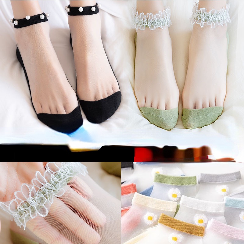 Bộ 5 Đôi Vớ Ren Trong Suốt Đính Hạt Ngọc Trai Thời Trang Xuân Hè Cho Nữ