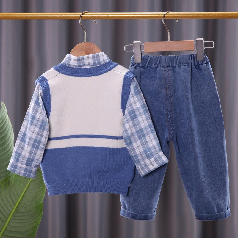 Sét áo ghi lê 3 món áo len, sơ mi, quần jean siêu đẹp cho bé trai 2022