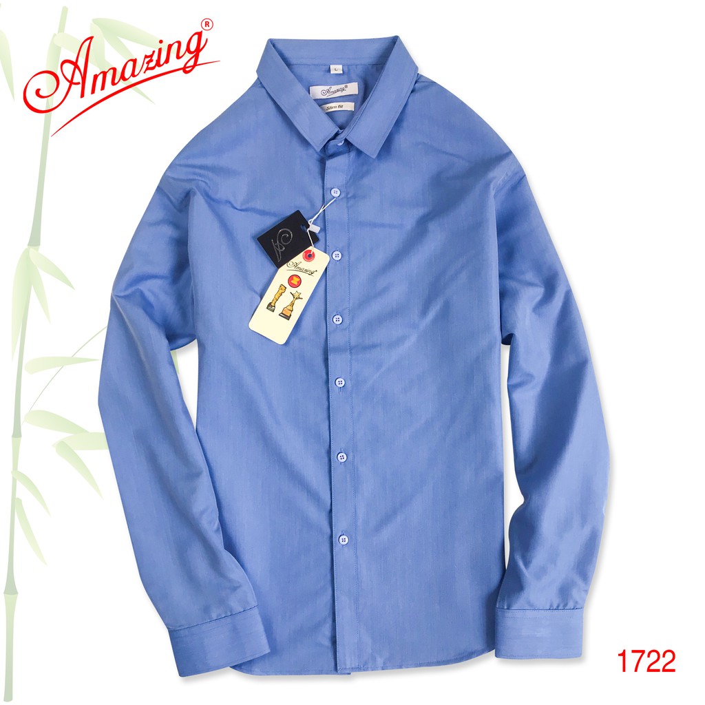 Áo sơ mi nam form body slim fit, phong cách Hàn, không túi, vải màu trơn Bamboo mượt mát, hiệu Amazing