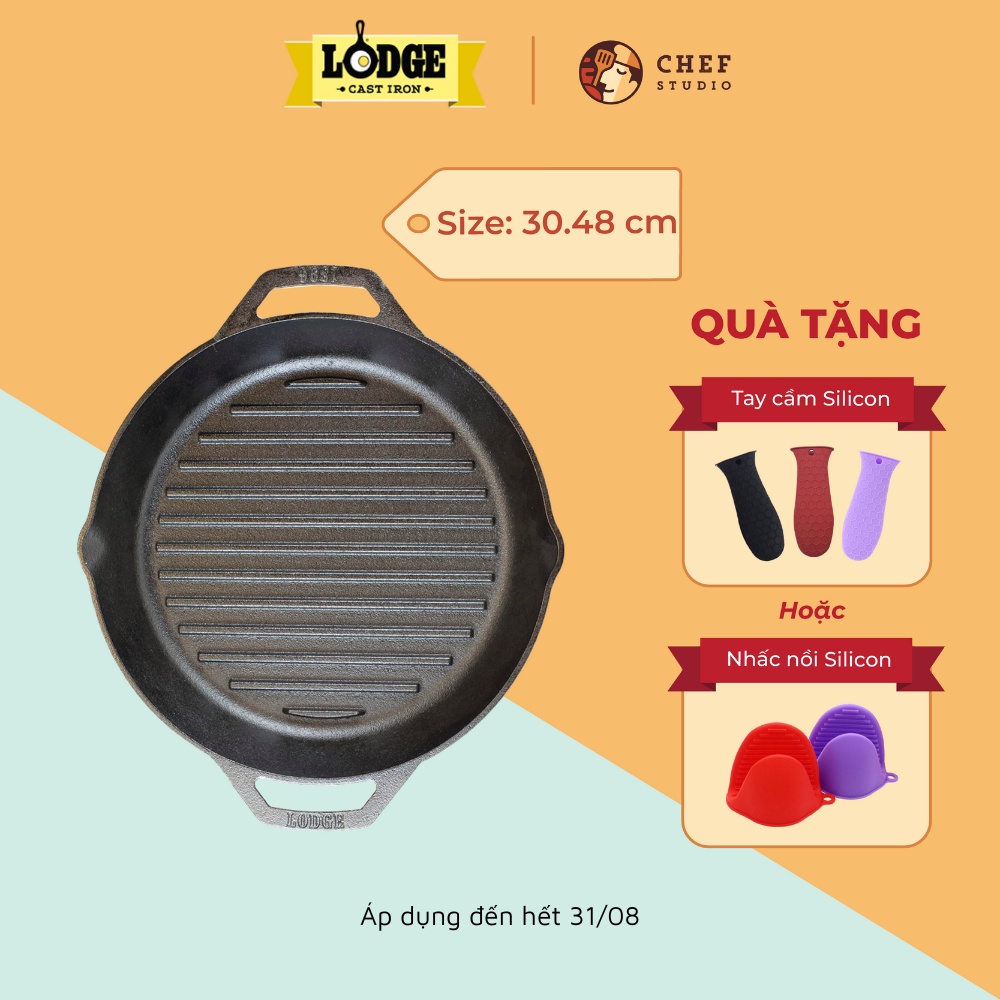 Chảo gang nướng Lodge hai tay cầm có rãnh tròn 30.48 cm, chống dính tự nhiên, dùng được cho mọi loại bếp và lò nướng