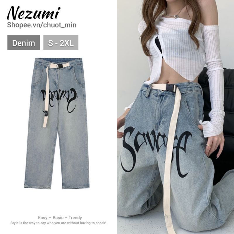 Quần bò jeans ống suông rộng in chữ kèm thắt lưng unisex nam nữ hip hop đường phố Châu Âu