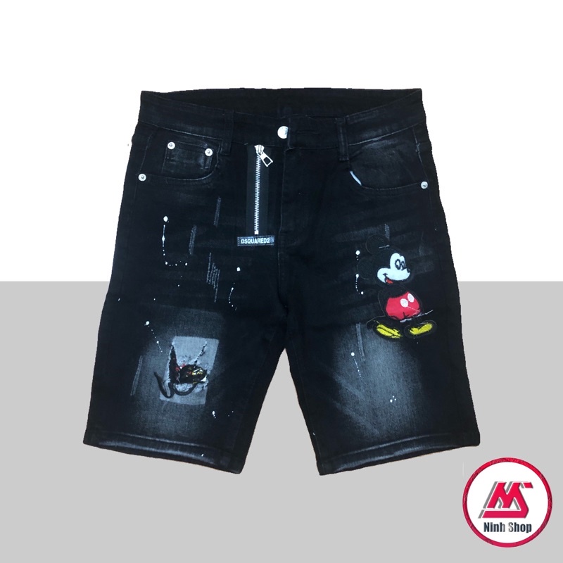 Quần bò ngố Dsq2 Mickey khoá lệch - Quần Short jean - Quần short nam