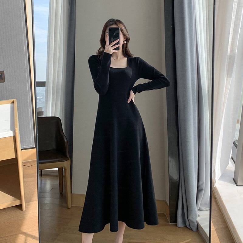 Váy nữ đẹp cổ vuông dáng xòe dài tay cá tính vải tuyết mưa V0027 | BigBuy360 - bigbuy360.vn