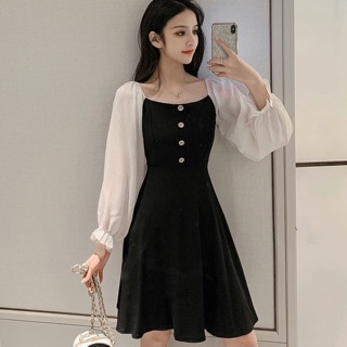 Đầm đen phối trắng tay dài