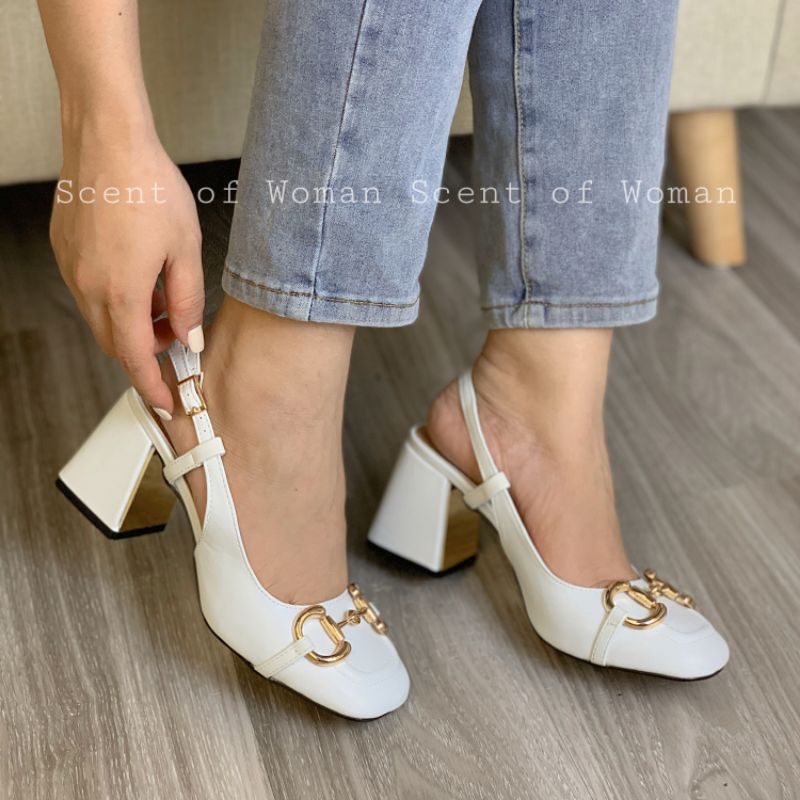 Giày cao gót nữ mũi vuông gắn khoá thời trang gót trụ cao 7.5cm