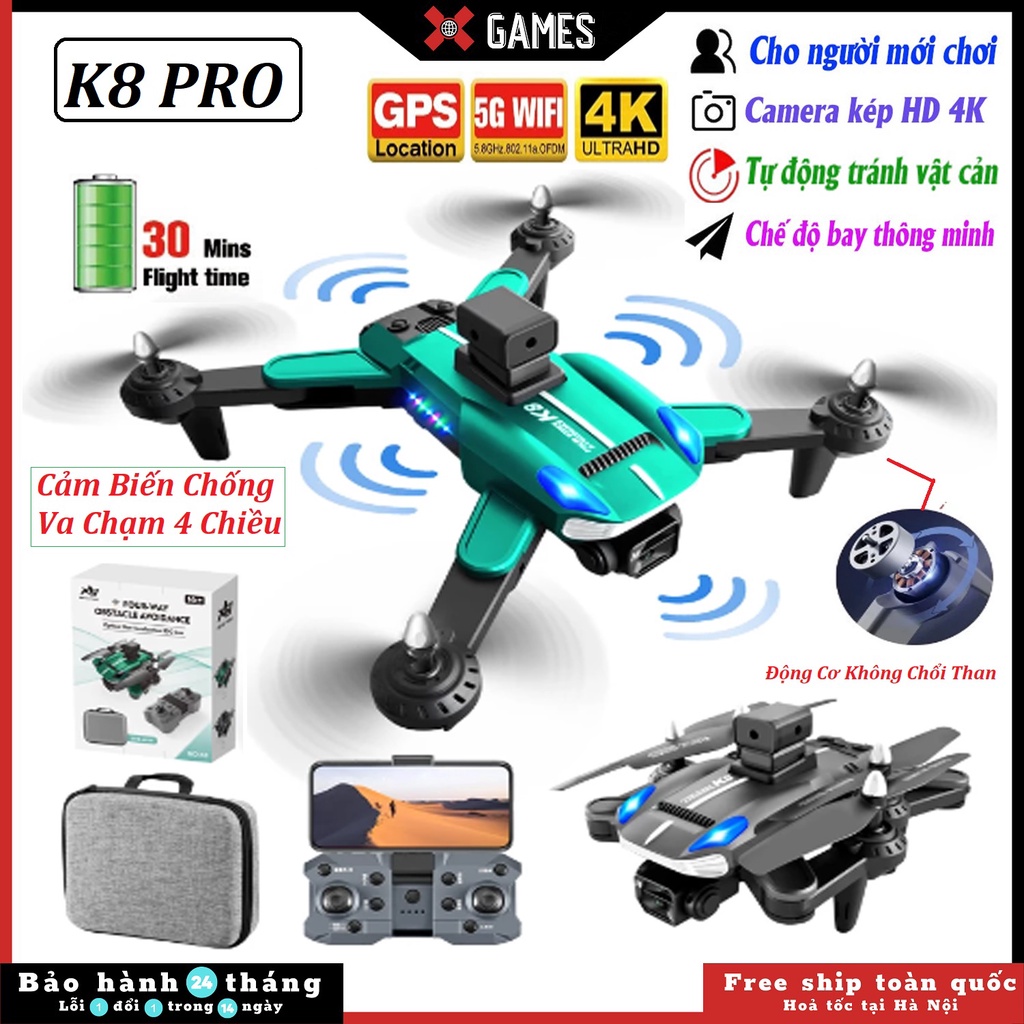 Máy Bay Điều Khiển Từ Xa 4 Cánh K8 Pro, Drone Flycam 4k Mini Giá Rẻ, Play cam, Flai Cam WiFi Pin Khỏe Bay Xa 400 Mét