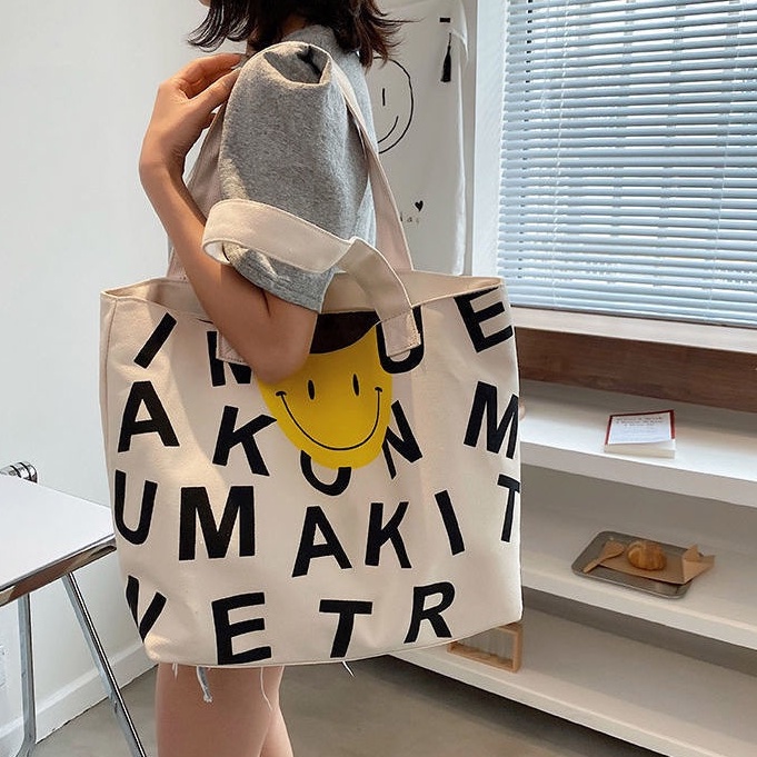 Túi Xách Canvas Sức Chứa Lớn In Họa Tiết Mặt Cười Phong Cách Mới Cho Nữ