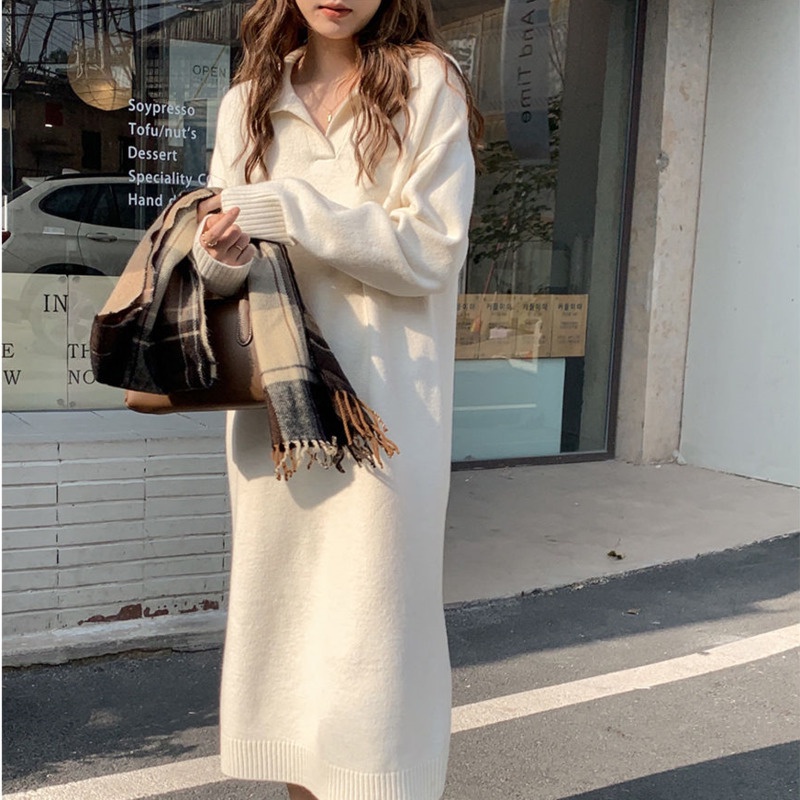 Đầm Sweater Dệt Kim Tay Dài Dày Dặn Ấm Áp Thời Trang