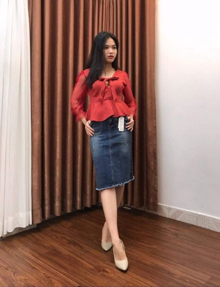 Áo kiểu thắt nơ tay lưới phồng