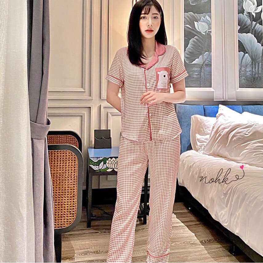 Bộ Pijama lụa giấy NOHK cao cấp mặc nhà cộc tay quần dài kẻ caro