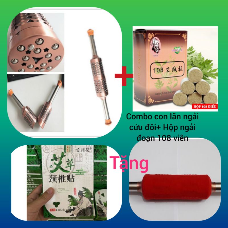 Combo Con lăn ngải cứu đồng đôi, hộp ngải đoạn 108 viên, bao chống nóng