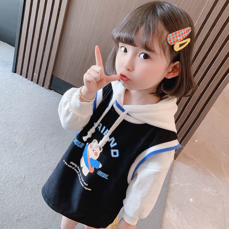 Đầm Thun Giả Hai Mảnh Có Mũ Trùm Đầu Họa Tiết Hoạt Hình Thời Trang Mùa Thu Cho Bé Gái