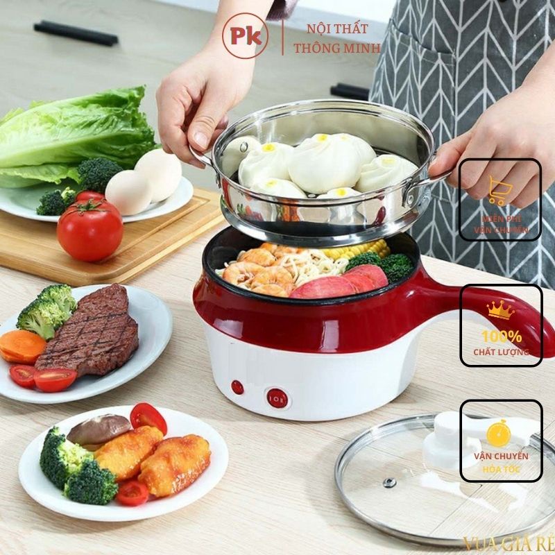 Nồi điện nấu lẩu, hấp, chiên kèm xửng 2 tầng có tay cầm 18cm