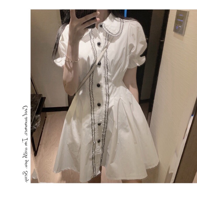 Đầm Sơ Mi Trắng Cổ Bèo Viền Đen Nhún Eo