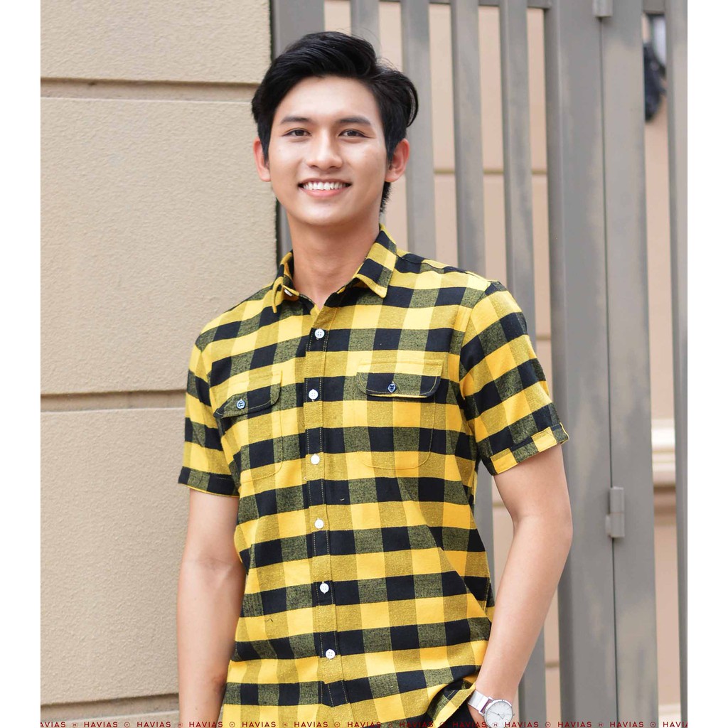 Sơ mi nam tay ngắn Havias sọc caro 2 túi vải Cotton 100%