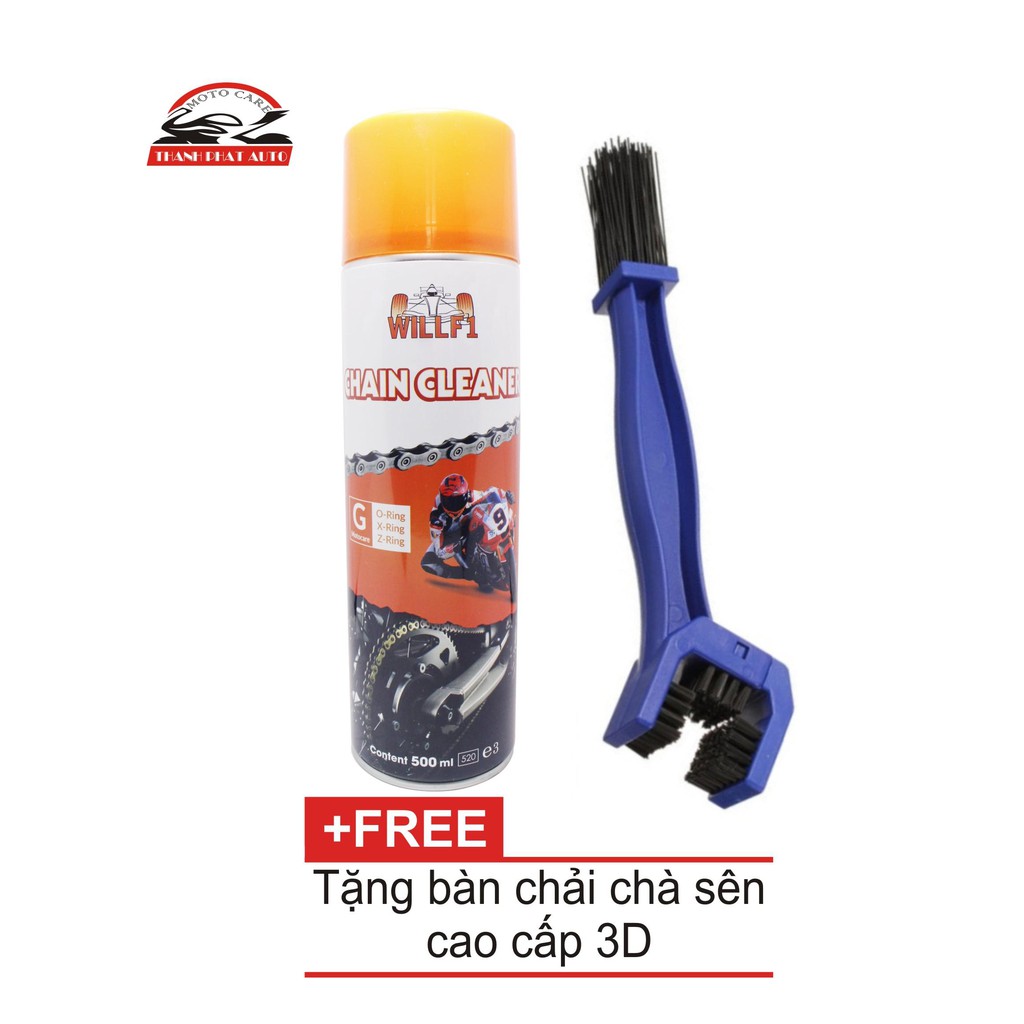 Chai xịt rửa sên xe máy/ moto WILLF1 Chain Cleaner 500ml Tặng kèm bàn chải vệ sinh sên 3D