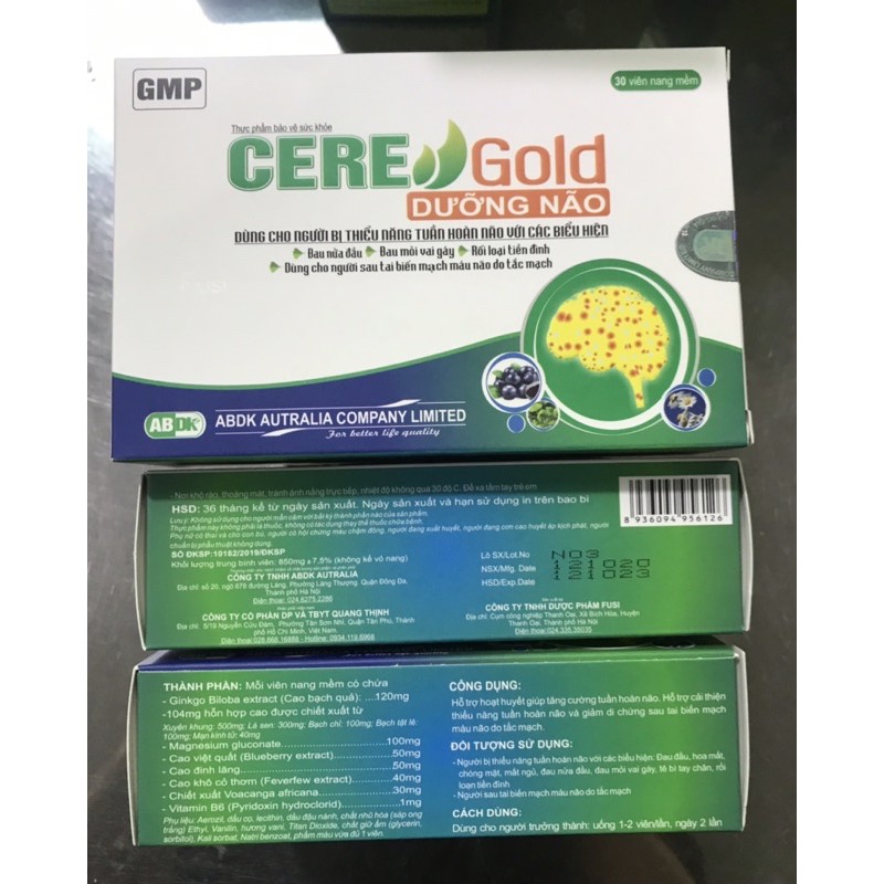 CERE DƯỠNG NÃO Gold  Quang Thịnh - Hộp 30 viên  – Dưỡng Não hết đau đầu, đau mỏi vai gáy, rối loạn tiền đình